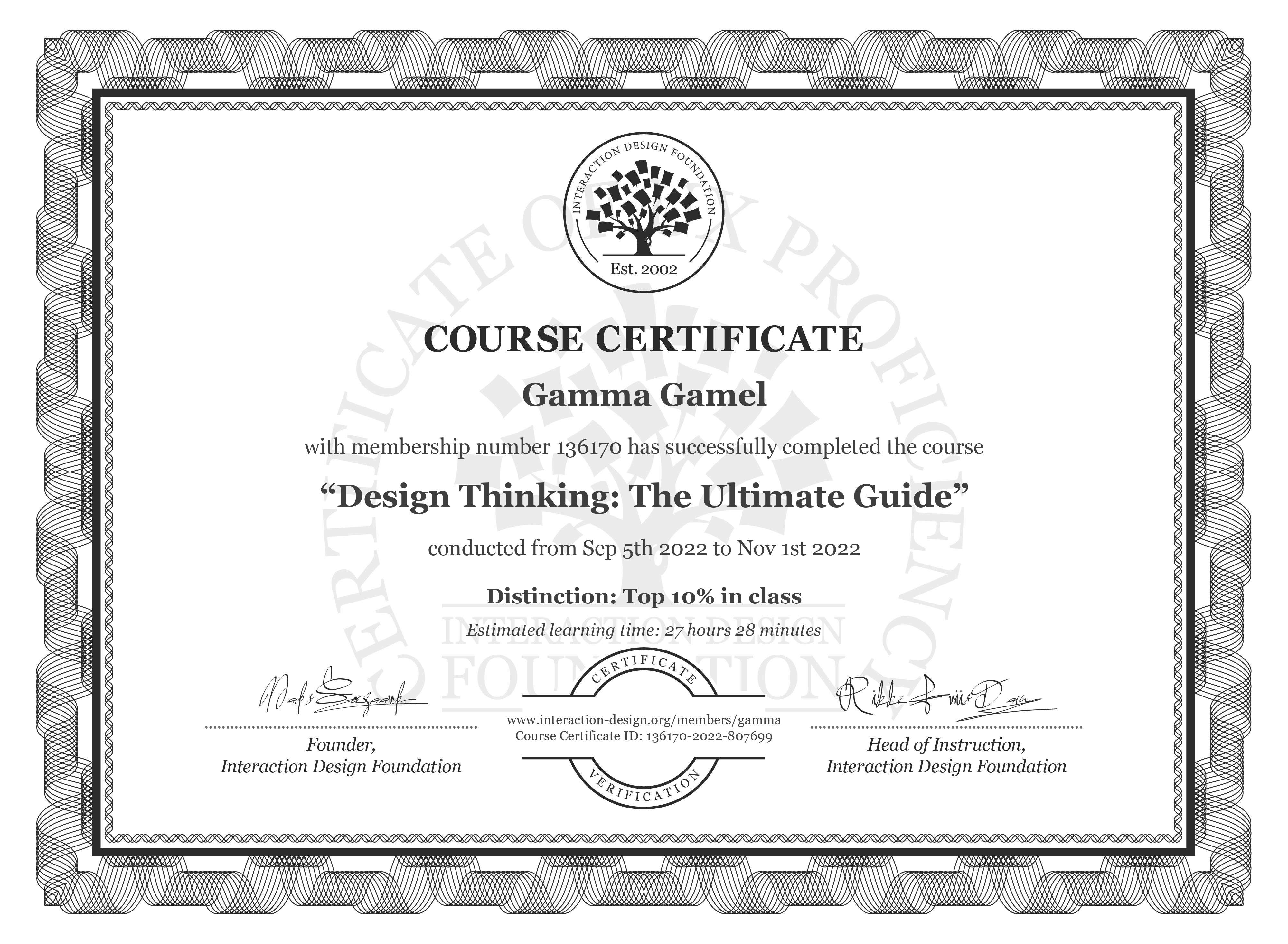 Corse certificate of 'Design Thinking: The Ultimate Guide'